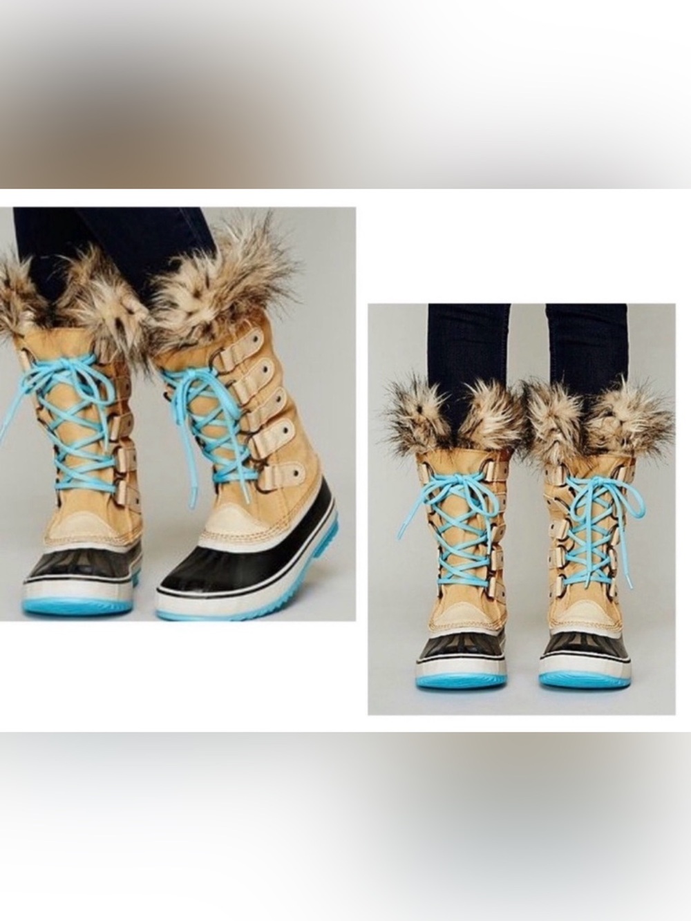 Sorel Joan of Arctic Curry Turquoise lace up fur lined snow boots size 6